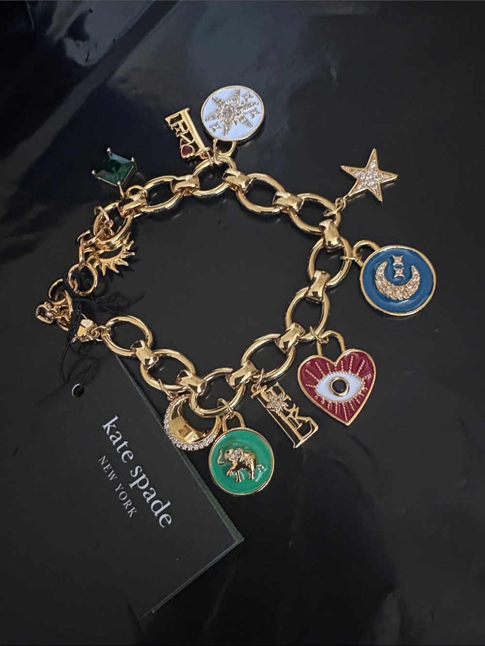 kate spade Gold-Tone Crystal & Mother-of-Pearl Evil Eye Heart Charm Bracelet
